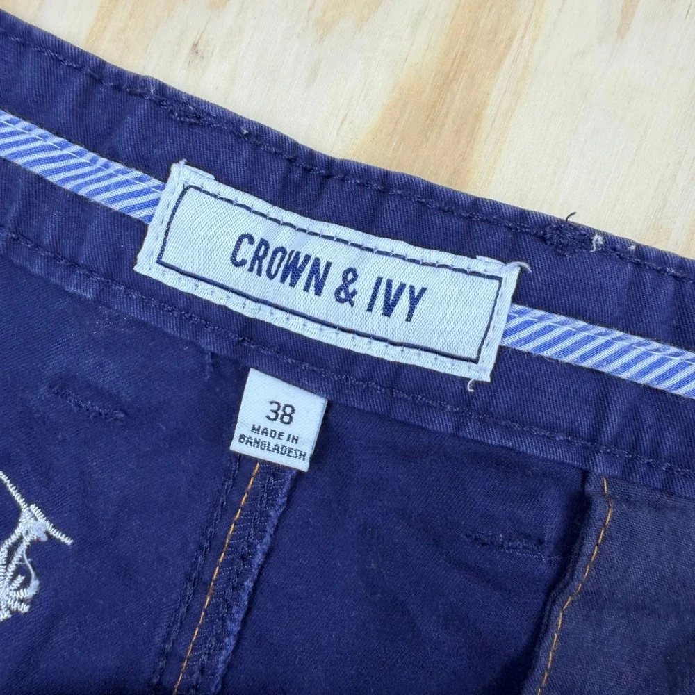 Crown & Ivy Mens Navy Blue Palm Tree Embroidered Chino Shorts Size 38 Tropical
